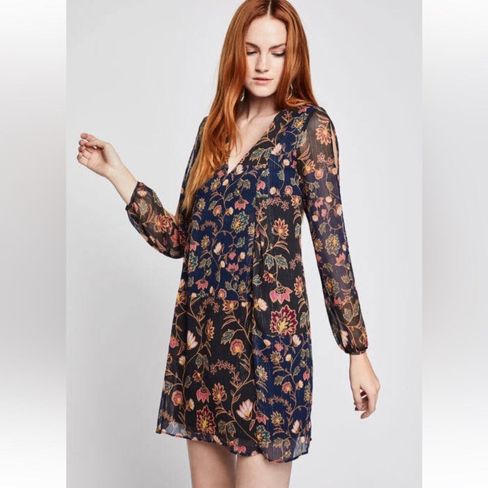 BCBGeneration Navy Blue/Black Metallic Floral Dress, Size Large, Mini Longsleeve